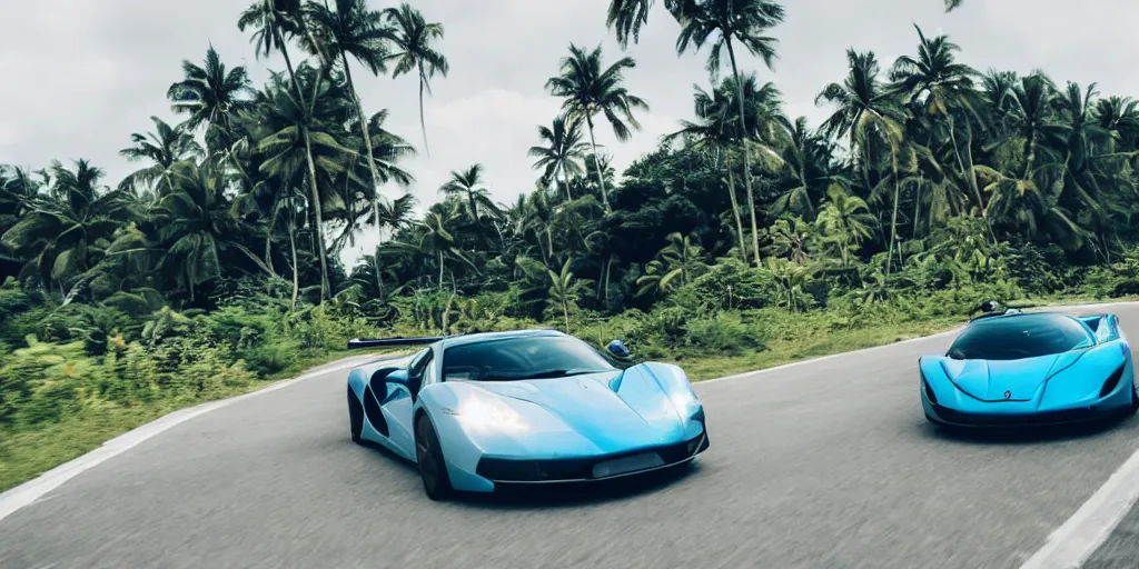 Image similar to a photograph of a supercar running in a tropical island