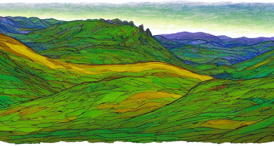 Image similar to Masterfully drawn mspaint art piece of rolling hills painted by J.R.R. Tolkien . Amazing beautiful incredible wow awe-inspiring fantastic masterpiece gorgeous fascinating glorious great.