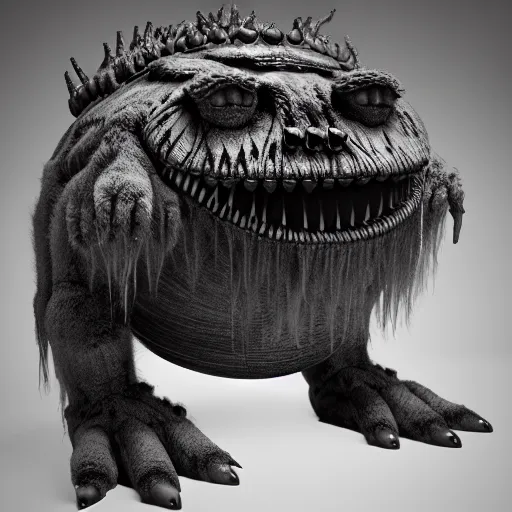 Image similar to cute chthonic fluffy monster by Giger, vray render, 50mm lens, bottom angle