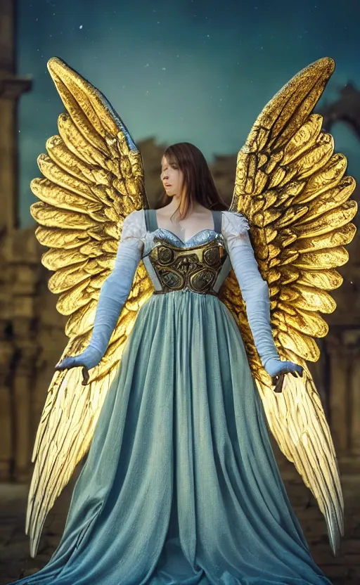 Image similar to angel, big wings, low key light, full plate armor with cloth, f 2. 8, bokeh, medium portrait, gentle, female, ornate city ruins, landscape, d & d, fantasy, intricate, elegant, highly detailed, teal white gold color palette, roger deakins, sharp focus, greg rutkowski and alphonse mucha