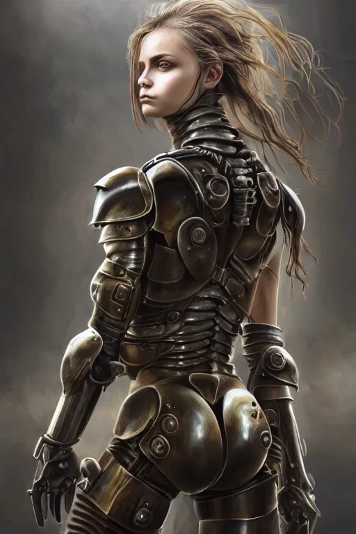 Image similar to a photorealistic painting of an attractive young girl, partially clothed in dirty metal-plated battle armor, spots of blood, olive skin, long dark hair, beautiful bone structure, symmetrical face, perfect eyes, intricate, elegant, digital painting, concept art, illustration, sharp focus, minimal artifacts, volumetric lighting, from Metal Gear, in the style of Ruan Jia and Mandy Jurgens and Greg Rutkowski, trending on Artstation, award winning