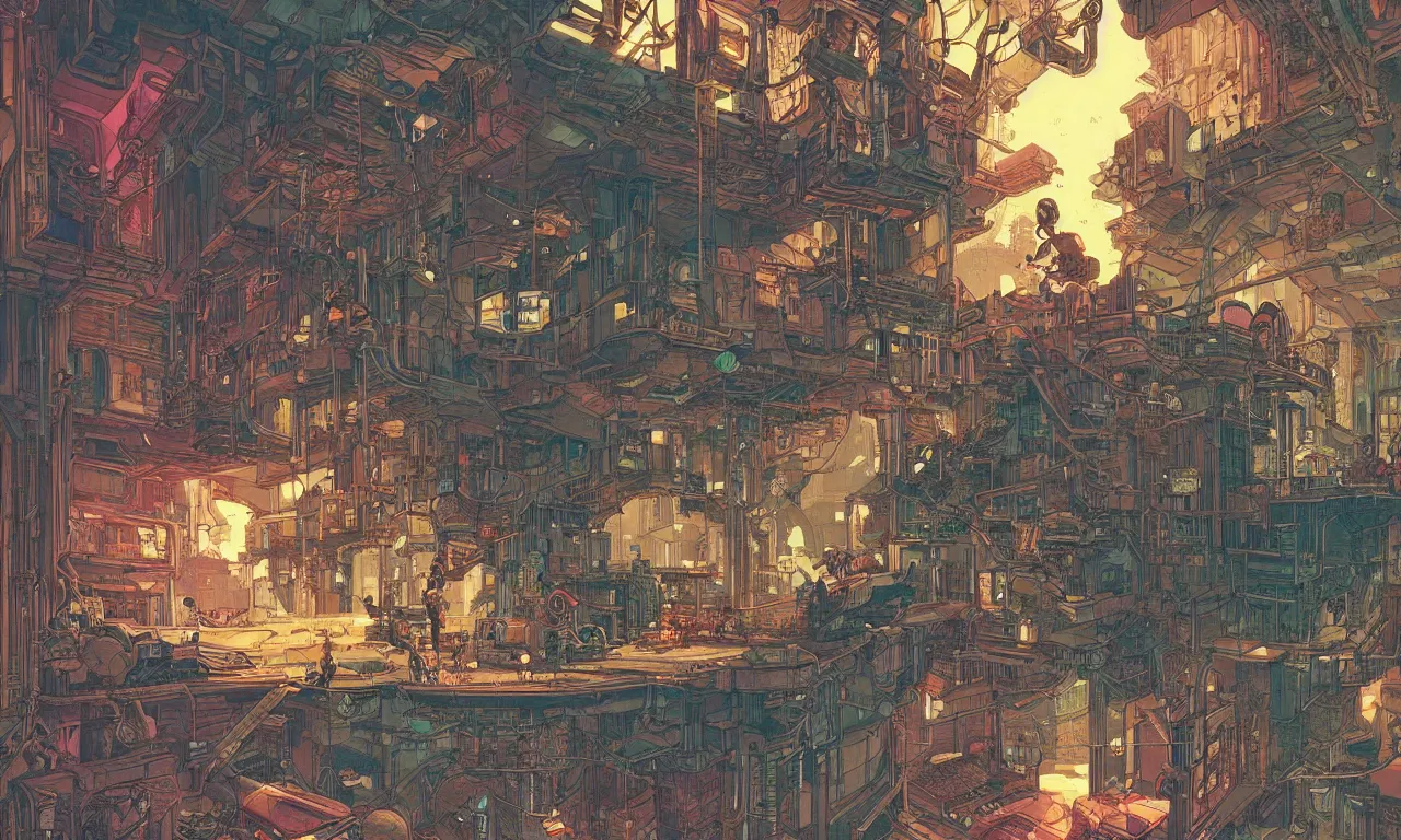 Image similar to Stunning illustration of a cyberpunk explorer playing video games in his treehouse, highly detailed, midnight, by Victo Ngai and James Gilleard , Moebius, Laurie Greasley