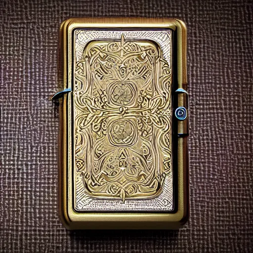 Prompt: concept art zippo lighter, baroque style art, brass, inlaid white stone, octane render, fill light, intricate, detailed, etching, Photorealistic, high definition, 4k, 8k, product