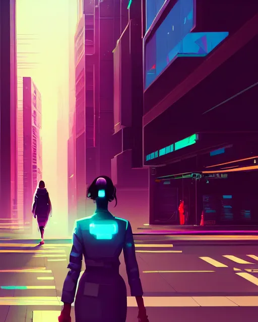 Image similar to a woman walking down a street next to tall buildings, cyberpunk art by james gilleard, cgsociety, photorealism, speedpainting, artstation hq, artstation hd