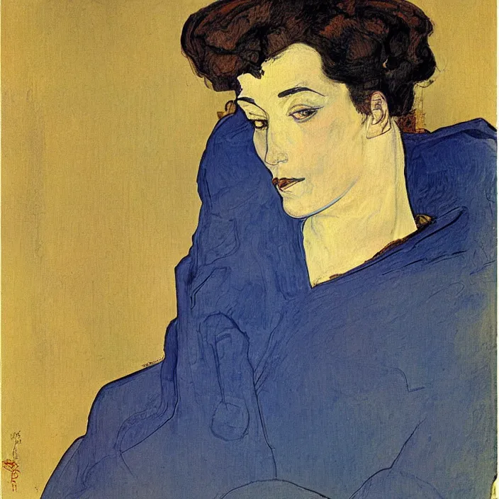 Image similar to portrait of a woman with iris. indigo blue. henri de toulouse - lautrec, egon schiele