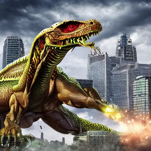 Image similar to huge mechanical reptilian destroying a city