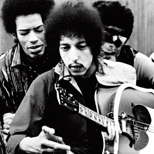 Image similar to bob dylan playing with jimi hendrix, photograph