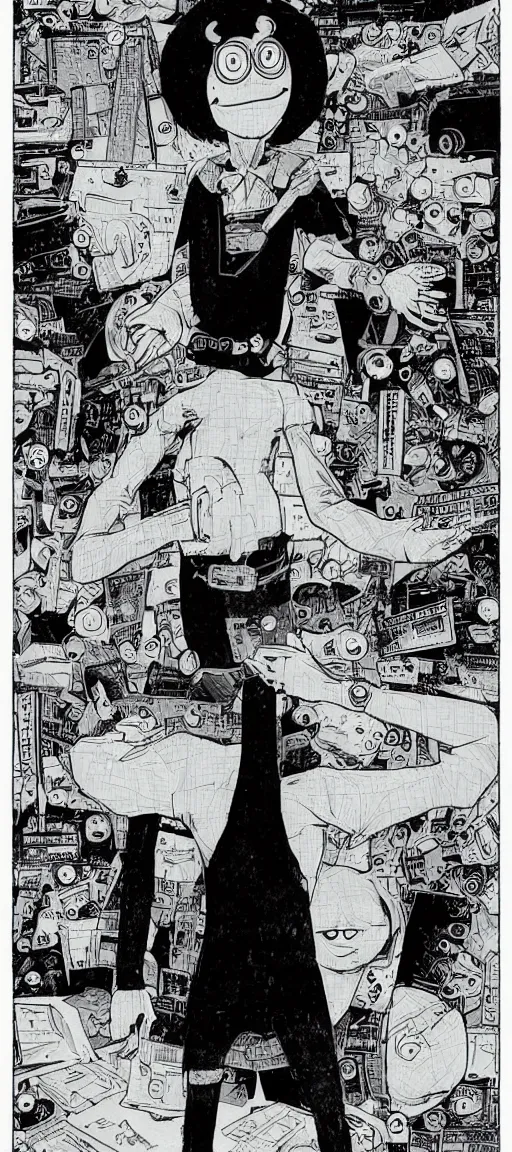 Prompt: a psychic computer nerd by jamie hewlett :: glowing eyes, levitating, psychic powers, magic, full body character concept art, detailed, intricate,