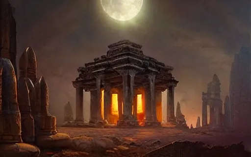 Image similar to beautiful hyperrealistic epic painting of the mysterious intricate ruins of a temple from an advanced alien civilization under the crescent moon, by hubert robert and lee madwick and bastien lecouffe deharme, dramatic lighting