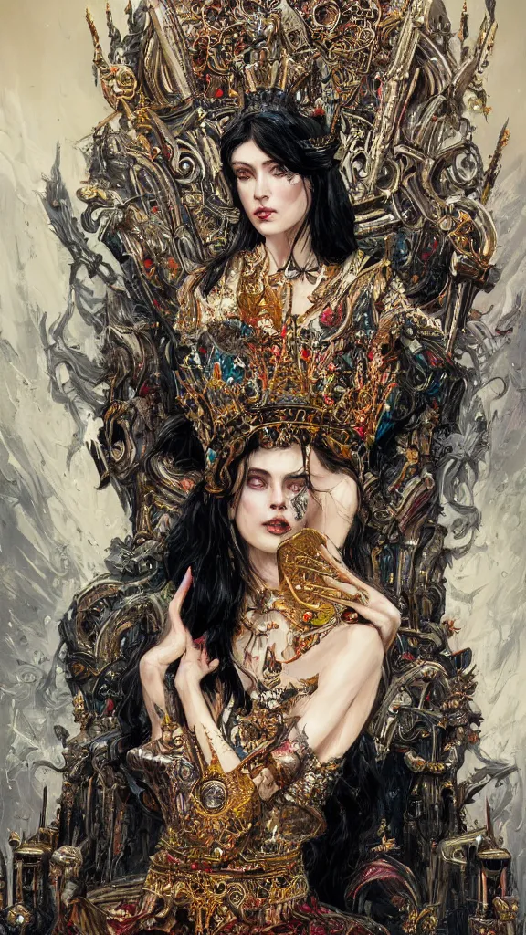 Image similar to painting of a beautiful black haired woman with pale skin and a crown on her head sitted on an intricate metal throne, illustration, artistic, colorful, hyper detailed, in the style of greg rutkowski,