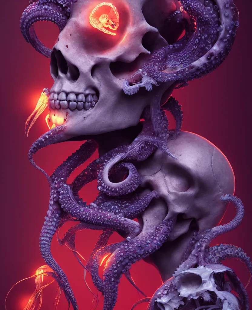 Image similar to goddess close - up portrait human skull, ram skull, squid phoenix jellyfish, orchid, betta fish, bioluminiscent, intricate artwork by tooth wu and wlop and beeple. octane render, trending on artstation, greg rutkowski very coherent symmetrical artwork. cinematic, hyper realism, high detail, octane render, 8 k