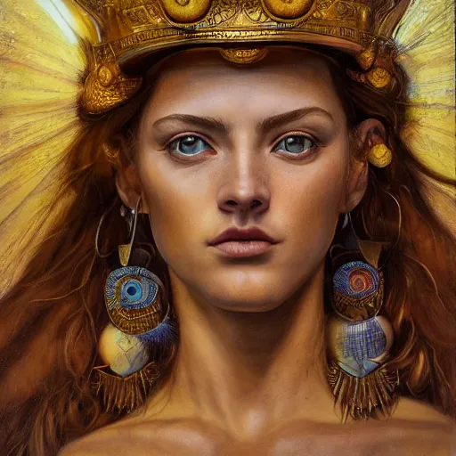 Image similar to hyperrealistic mixed media painting of beautiful goddess Athena, stunning 3d render inspired art by P. Craig Russell and Barry Windsor-Smith, perfect facial symmetry, dim volumetric lighting, 8k octane beautifully detailed render, post-processing, portrait, extremely hyper-detailed, intricate, epic composition, brown eyes, realistic realistic realistic eyes, cinematic lighting, masterpiece, trending on artstation, detailed detailed detailed, masterpiece, stunning