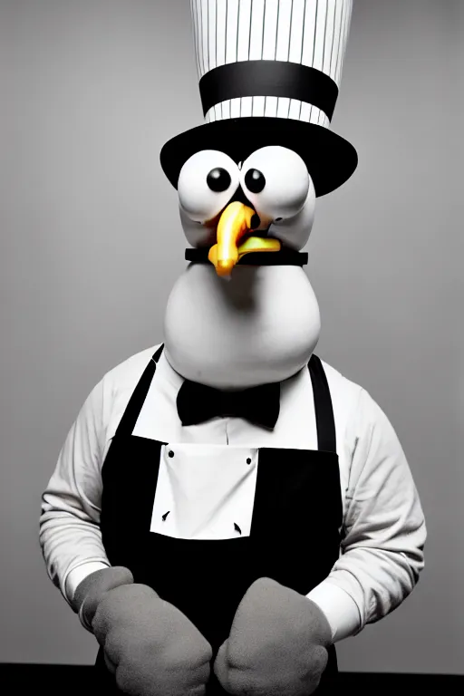 Prompt: a sour, serious faced anthropomorphic chicken, a stereotypical fast food worker from a movie, black and white image, 3 5 mm lens studio color photography