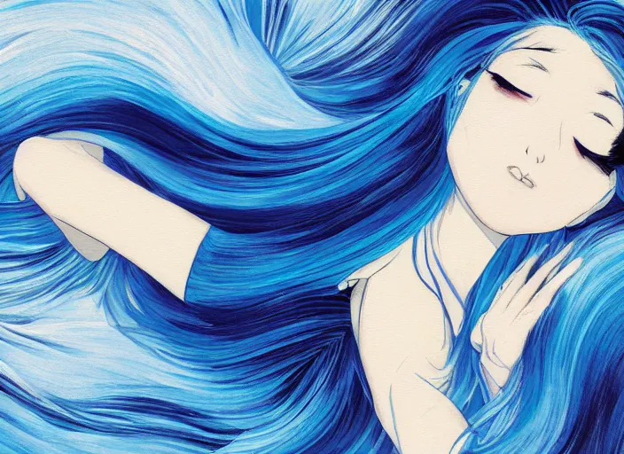 Image similar to a woman with blue hair laying on the ground with her head down, a detailed painting by rei kamoi, featured on pixiv, space art, official art, anime, toonami