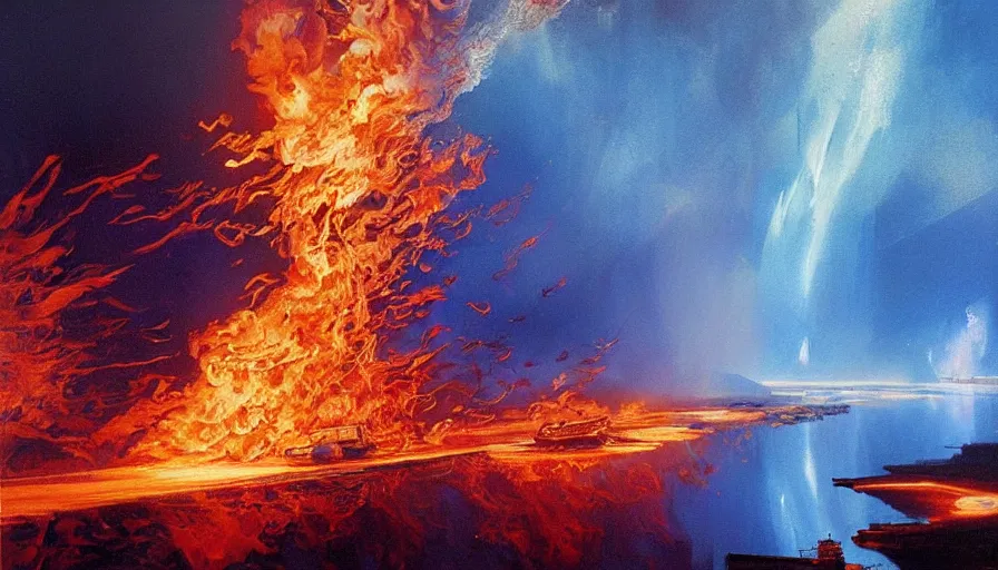 Prompt: river of blue fire, intricate detailed painting, low angle, epic, john harris