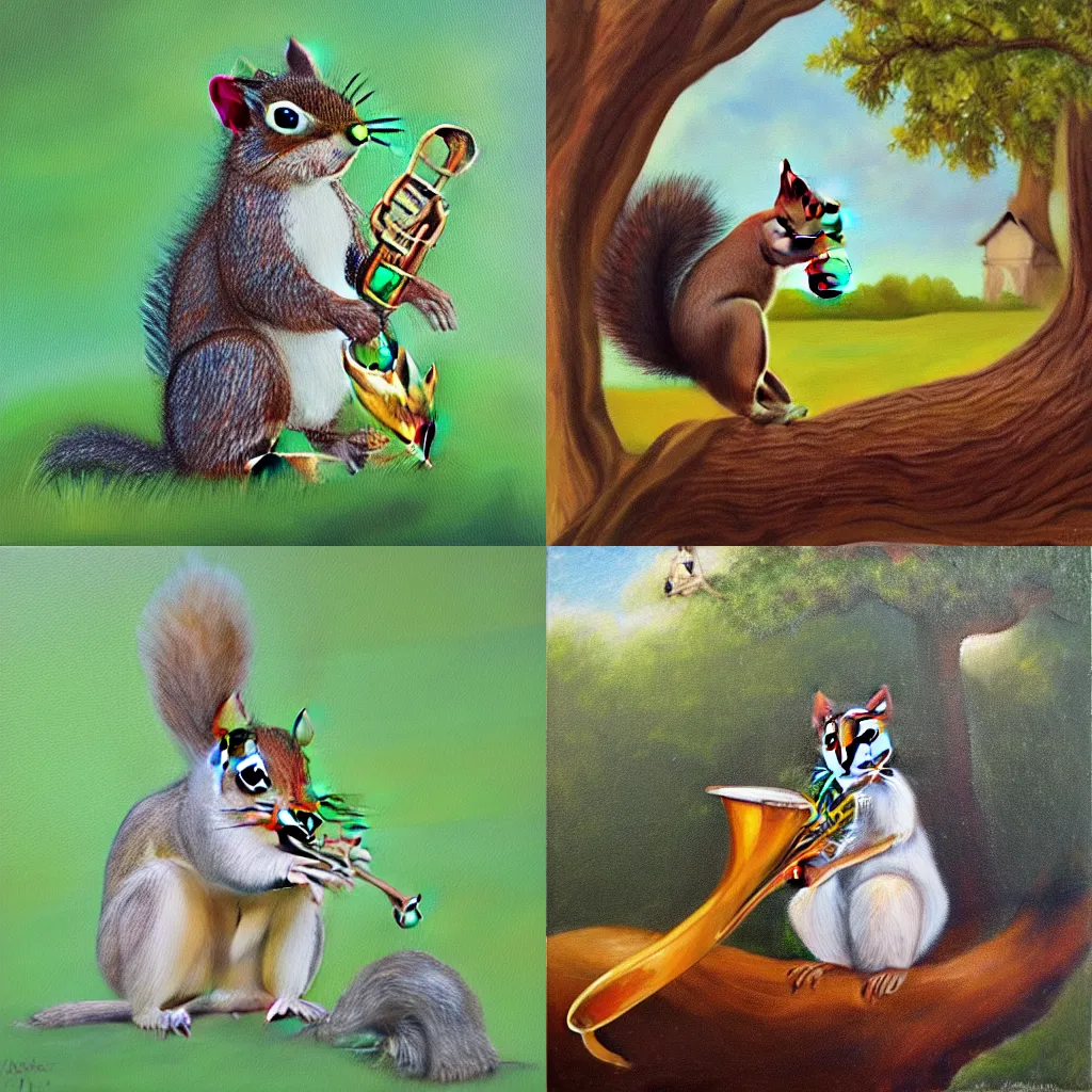 Prompt: squirrel with a trumpet in an oak tree, oil painting