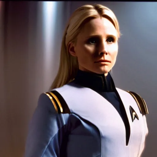 Image similar to a beautiful full body photograph of kristen bell as a star fleet officer from star trek next generation, extreme realism and detail, 8 k, completely framed, direct lighting, 3 5 mm photo, photorealistic, sharp focus