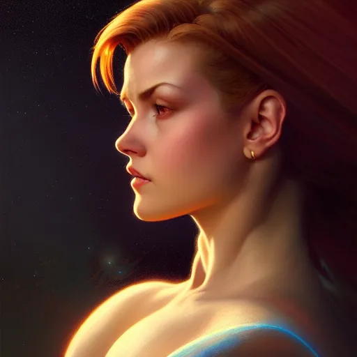 Image similar to head and shoulder portrait of Samus Aran, dark fantasy, medium shot, intricate, elegant, highly detailed, digital painting, volumetric light, artstation, concept art, smooth, sharp focus, illustration, art by Gil Elvgren and Greg Rutkowski and Alphonse Mucha