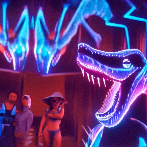 Image similar to electric blue scaled glowing baby dinosaurs in tron movie, cinestill