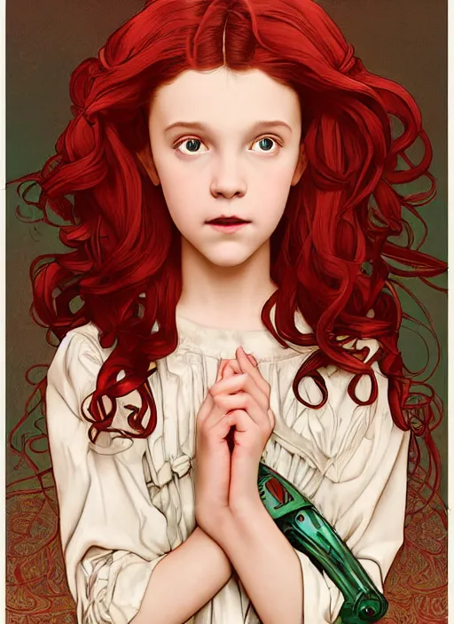 Prompt: well - lit art nouveau portrait of a 1 3 - year old girl who resembles millie bobby brown frightened, vulnerable expression with open mouth, with red hair as a bride, natural lighting, path traced, highly detailed, high quality, cartoon, digital painting, by don bluth and ross tran and studio ghibli and alphonse mucha