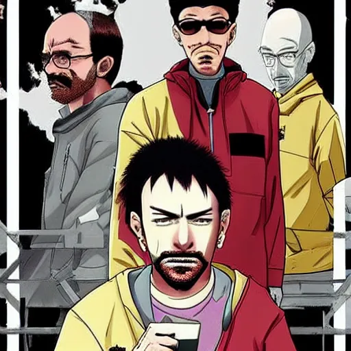 Prompt: cover art of a manga adaptation of breaking bad featuring walter white jesse pinkman and gus fring
