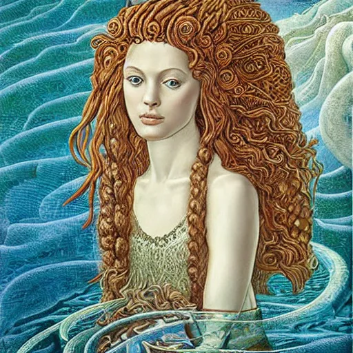 Image similar to intricate detail, gilbert williams and sandro botticelli portrait of tan sumerian mermaid goddess atargatis, with aqua neon rapunzel dreadlocks adorned in seashells, near crystal temple in atlantis, iridescent dolphins swimming in the sea, unicorn flying in the sky, paleozoic atlantis