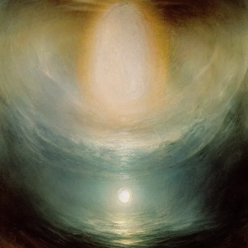 Image similar to a gigantic lovecraftian cyclope emerging from under the ocean, gazing to the sky, as in a turner's painting