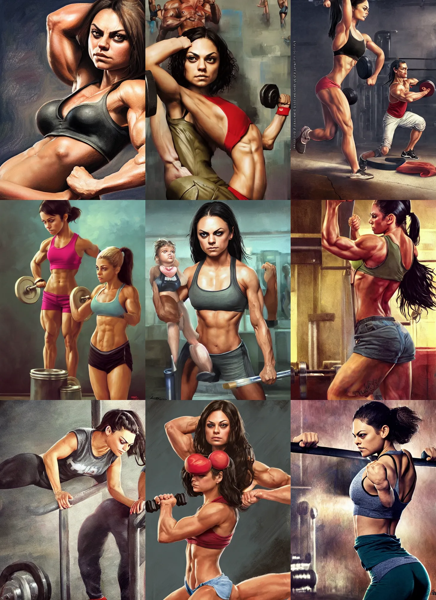 Prompt: bodybuilder mila kunis working out, wlop, steve argyle, ilya kuvshinov, ralph horsley, rossdraw, mark ryden, daniel f. gerhartz, sophie anderson, lilia alvarado, tom chambers