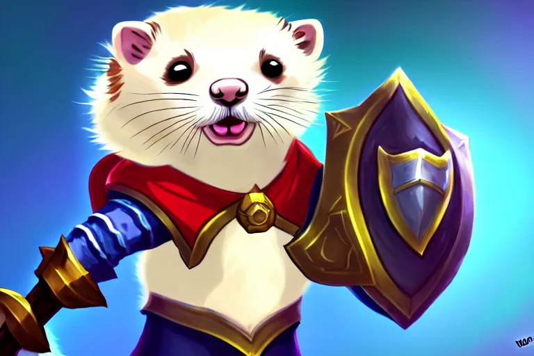 Image similar to a cute ferret boy furry with a sword and shield. league of legends splash art