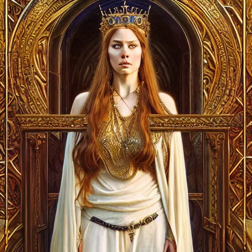 Image similar to highly detailed portrait of a majestic lioness queen in the form of a beautiful woman. d & d, art by donato giancola and edmund leighton. trending on artstation, intricate details, energetic composition, golden ratio, concept art, illustration, elegant art, global illuminaition