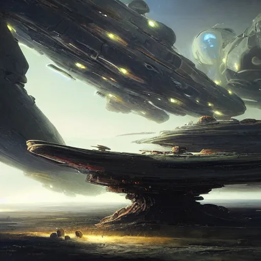 Prompt: alien landscape with spaceships lading and lifting off by greg rutkowski and james gurney