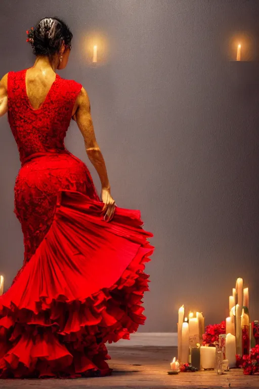 Image similar to detailedoil painting of spanish flamenco dancer in mallorca wearing a red dress made of flowers, dimly lit by candles on the ground, looking away, dark shadows, photo realistic, extreme detail skin, no filter, slr, 4 k, high definition