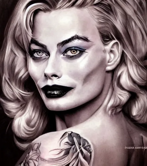 Image similar to tattoo design sketch of beautiful margot robbie portrait with joker makeup, in the style of den yakovlev, realistic face, faded, black and white, realism tattoo, hyper realistic, highly detailed, faded drawing