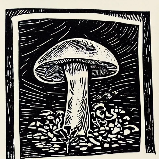 Image similar to a linocut engraving of an intelligent mushroom