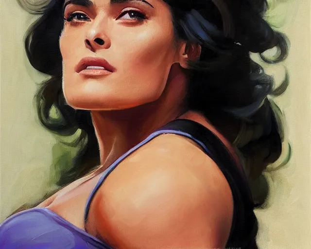 Image similar to greg manchess portrait painting of smug salma hayek as beautiful thick female bodybuilder zarya from overwatch, medium shot, asymmetrical, profile picture, organic painting, sunny day, matte painting, bold shapes, hard edges, street art, trending on artstation, by huang guangjian and gil elvgren and sachin teng