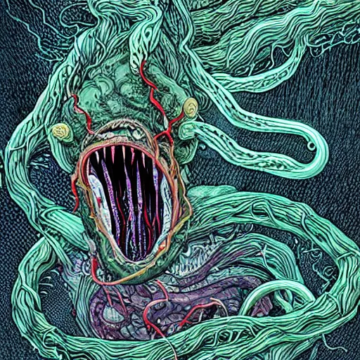 Image similar to a hyper detailed filmic wide shot 30mm color film photograph of a bundle of a dangerous shape shifting alien creaturing spewing long worm-like spiney tendrils out of its snarling mouth, the tendrils are coiling around and smothering a male 70-year-old doctor wearing a lab coat under dreary fluorescent lights in the style of an horror film still from The Thing 1982