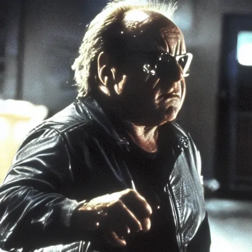 Prompt: Danny Devito as The Terminator, cinematic, Eastman 5384 film
