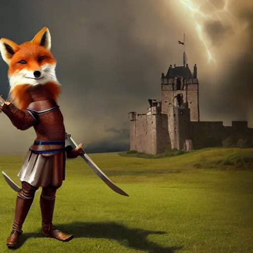 Image similar to anthropomorphic fox!! who is a medieval knight holding a sword towards a stormy thundercloud 1 9 3 0 s film still, castle in the background