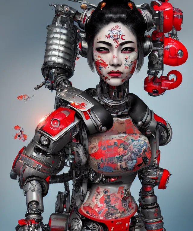 Image similar to an epic fantastic realism comic book style portrait painting of a japanese robotic geisha with kanji tattoos and decals, apex legends, octane render, intricate detail, 4 k hd, unreal engine 5, ex machina, irobot