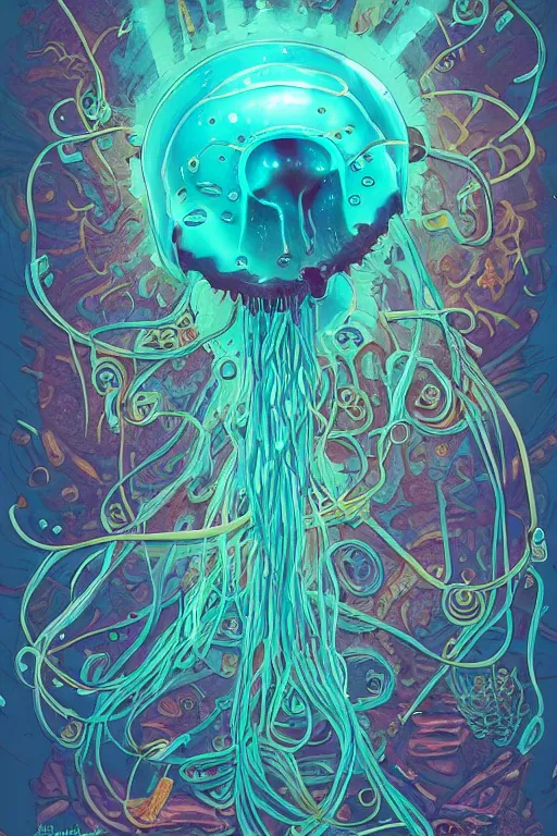 Image similar to a picture of mysterious colourful underwater jellyfish, being discovered by a man in a steampunk diving suit. water is deep aquamarine coloured. poster art by james jean, concept art, behance contest winner, very detailed, award - winning. lovecraftian, cosmic horror, bioluminescence.