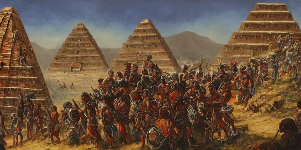 Image similar to simonetti rutkowski painting aztec warriors watching spaceship arriving to mesoamerican pyramid