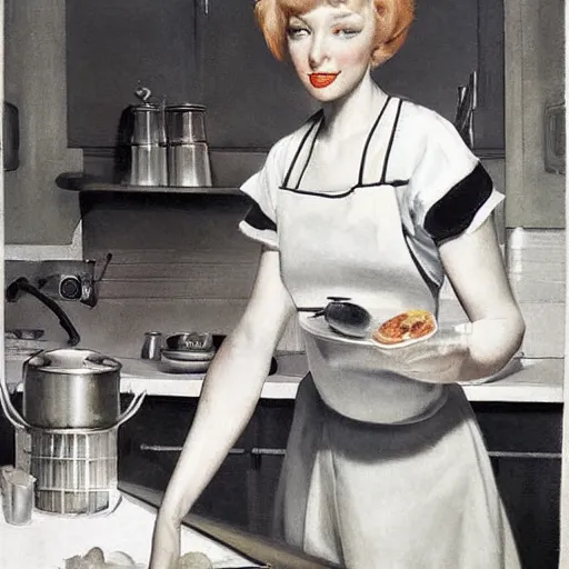 Image similar to blonde woman making breakfast, art by art frahm