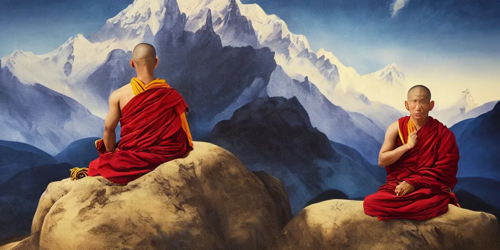 Prompt: oil matte portrait of tibetan monk sitting at a mountain peak praying, with tibetan prayer flags going up the summit, cinematic lighting, deep focus, sharp focus, golden ratio, dramatic illumination, hdr, ultra realistic, 8 k, highly detailed, trending on artstation, epic composition, by caravaggio, by artemisia lomi gentileschi