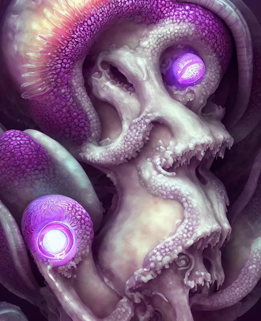 Image similar to goddess princess beautiful face close-up portrait ram skull fluffy toy. jellyfish phoenix head, nautilus, orchid, skull, betta fish, bioluminiscent creatures, intricate artwork by Tooth Wu and wlop and beeple. octane render, trending on artstation, greg rutkowski very coherent symmetrical artwork. cinematic, hyper realism, high detail, octane render, 8k