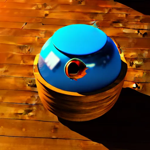 Image similar to a fish bowl with mecha legs, walking on a wooden table, photorealistic 3 d octane render, unreal engine