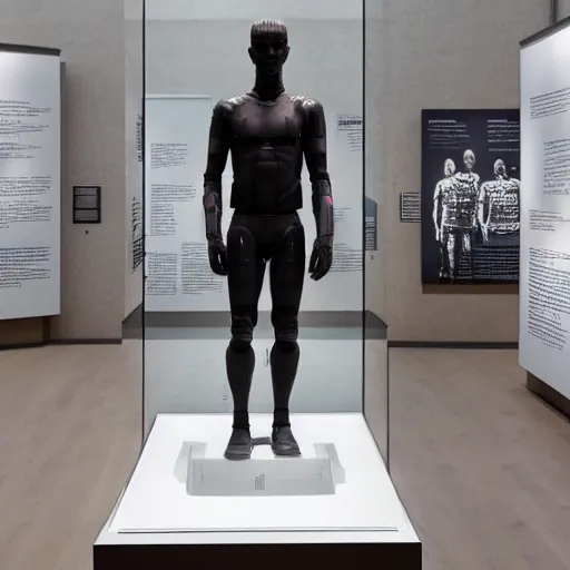 Prompt: a realistic detailed photo of a guy who is an attractive humanoid who is half robot and half humanoid, who is a male android, soccer player matthijs de ligt, shiny skin, posing like a statue, blank stare, at the museum, on display