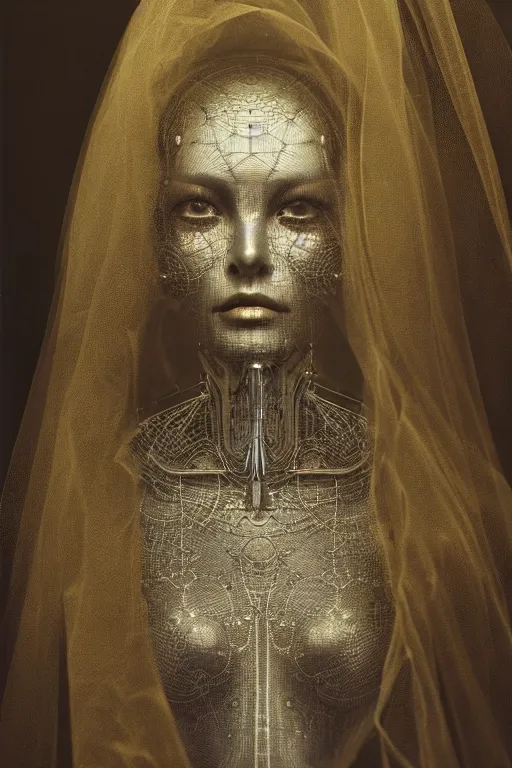 Image similar to a beautiful ultradetailed vintage photo of a veiled cybernetic cyborg, by tom bagshaw and james christensen, embroidered lace chapel veil, portrait, cybernetic implants, vignette, 3 5 mm lens, golden ratio composition, detailed face, studio photography, very detailed, humanoids, mechanical robotic armor, masterpiece!, artstation, 8 k, highly coherent