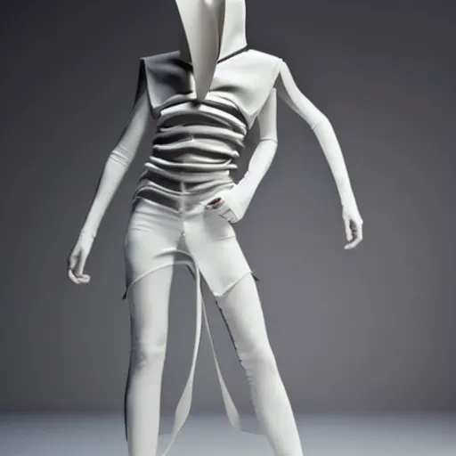 Prompt: a futuristic outfit designed by rick owens
