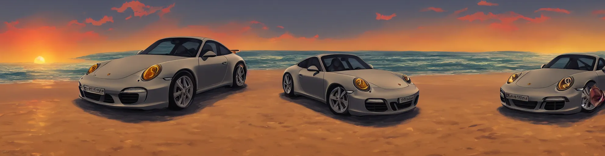 Prompt: beautiful, detailed digital painting of a porsche 9 1 1 on the beach and looking at the sunset, anime by makoto shinkai, sand, waves, trending on artstation
