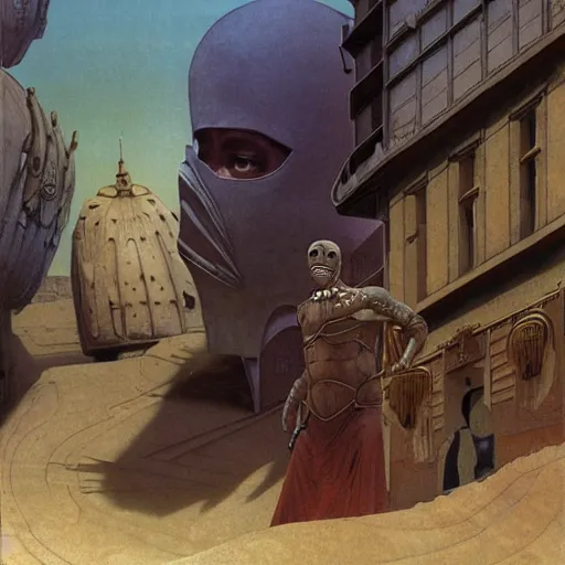 Image similar to portrait of masked Atreides Dune Dynasty on the art deco streets of the Giedi Prime during the Festival of Masks, award-winning realistic sci-fi concept art by Beksinski, Bruegel, Greg Rutkowski, Alphonse Mucha, and Yoshitaka Amano